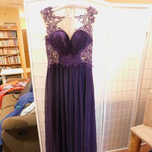 Dark Purple Long Floor Length Formal Prom Dress Lace Detail Sheer Window 14W